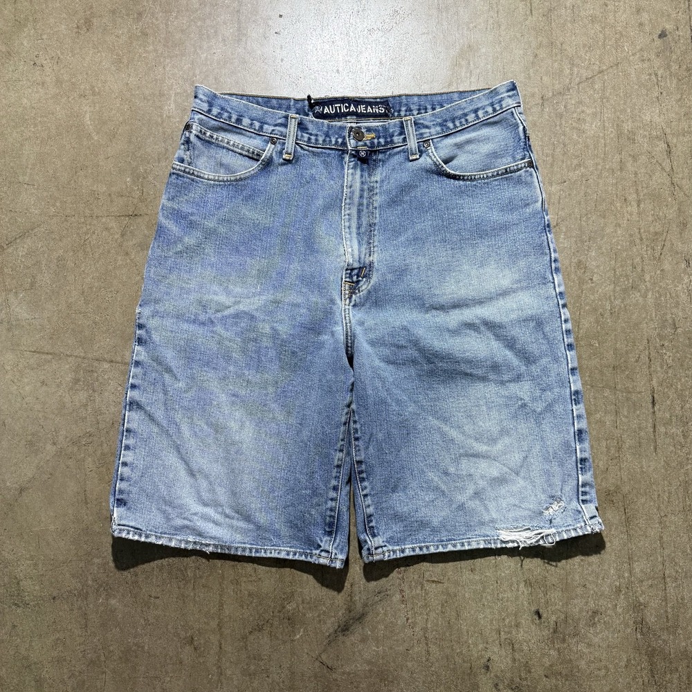 Nautica Jeans Company Shorts Mens 36 Blue Denim Bermuda Relaxed Fit Distressed